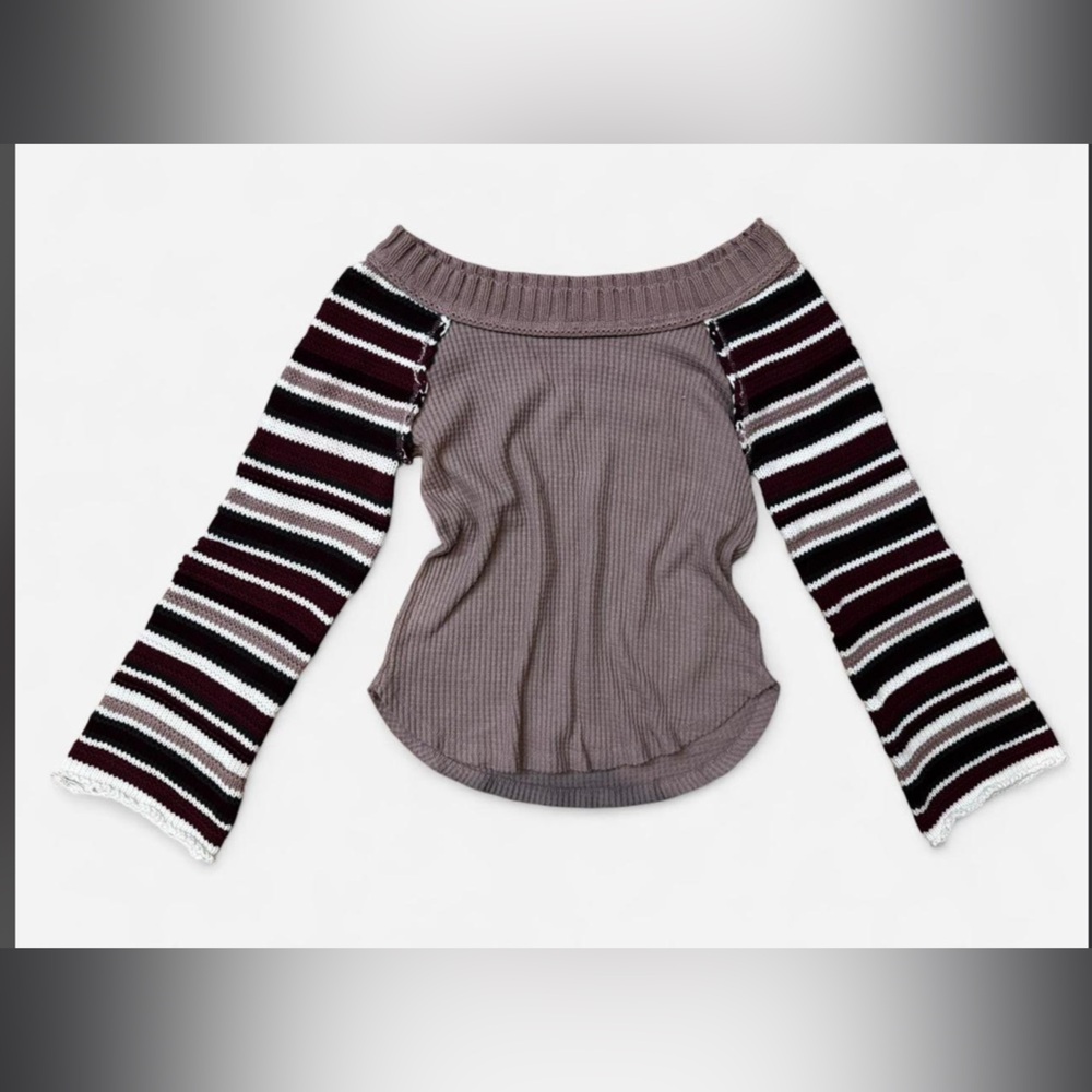 Altar'd State Taupe Off-Shoulder Sweater with Burgundy Striped Bell Sleeves